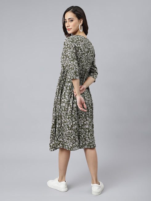 Olive Green Pure Cotton Floral Printed Angrakha Dress